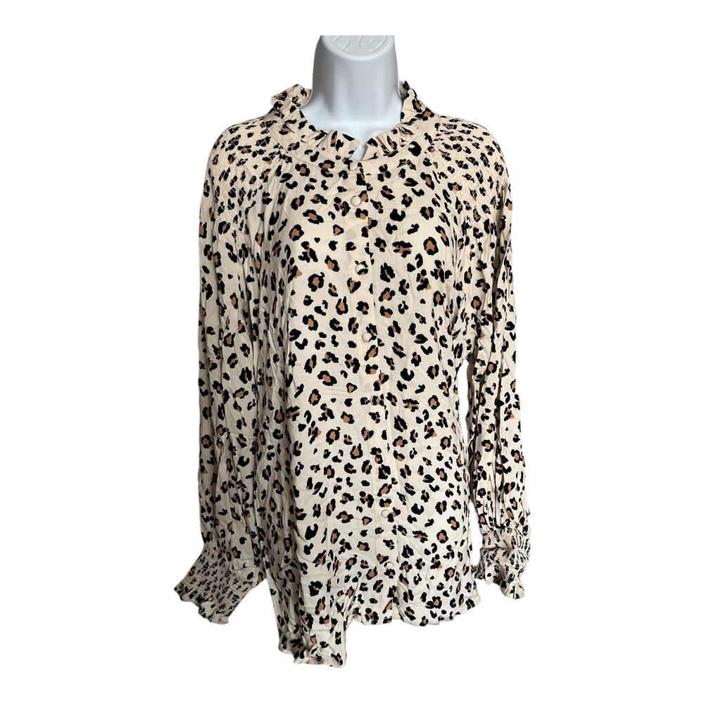 Fate Curve cream leopard print long sleeve ruffle blouse button up 2x NWT